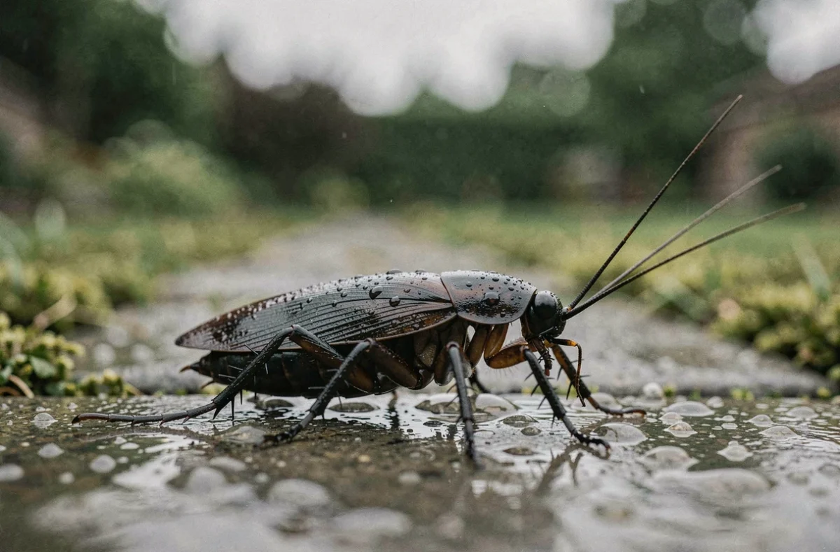 Cafard de jardin noir sur dalle mouillée après la pluie dans un jardin