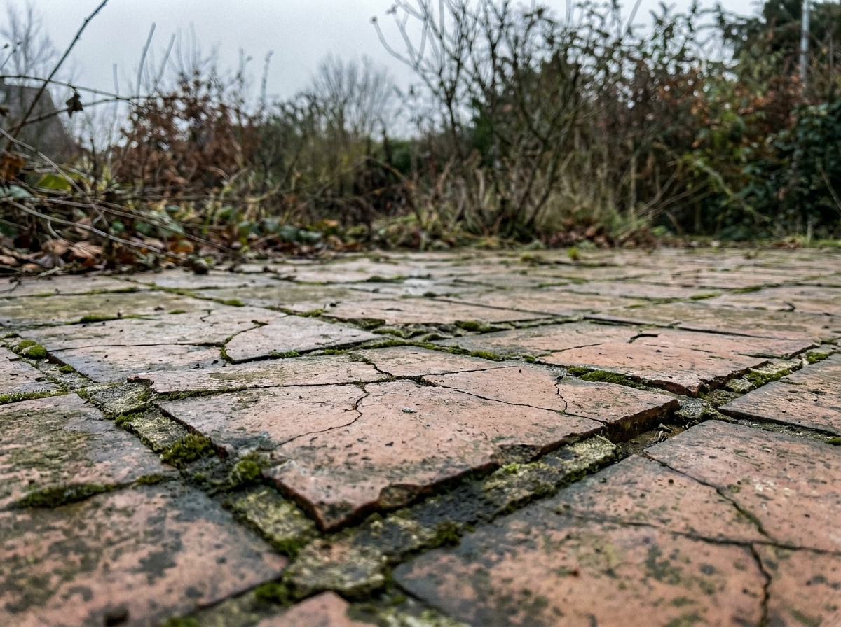 Carrelage extérieur fissuré et abîmé par le gel et le dégel sur une terrasse de jardin