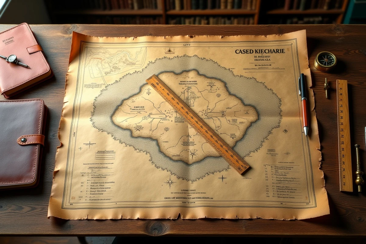 Carte foncière ancienne avec mesures en ares et hectares posée sur un bureau de notaire avec règle et compas