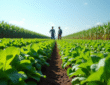 Champ verdoyant en été avec cultures variées et fermiers