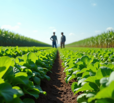 Champ verdoyant en été avec cultures variées et fermiers
