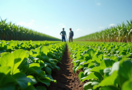 Champ verdoyant en été avec cultures variées et fermiers