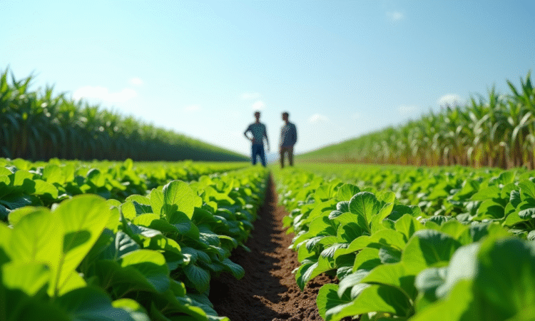 Champ verdoyant en été avec cultures variées et fermiers