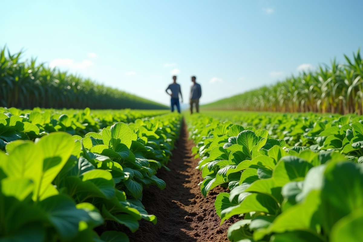 Champ verdoyant en été avec cultures variées et fermiers
