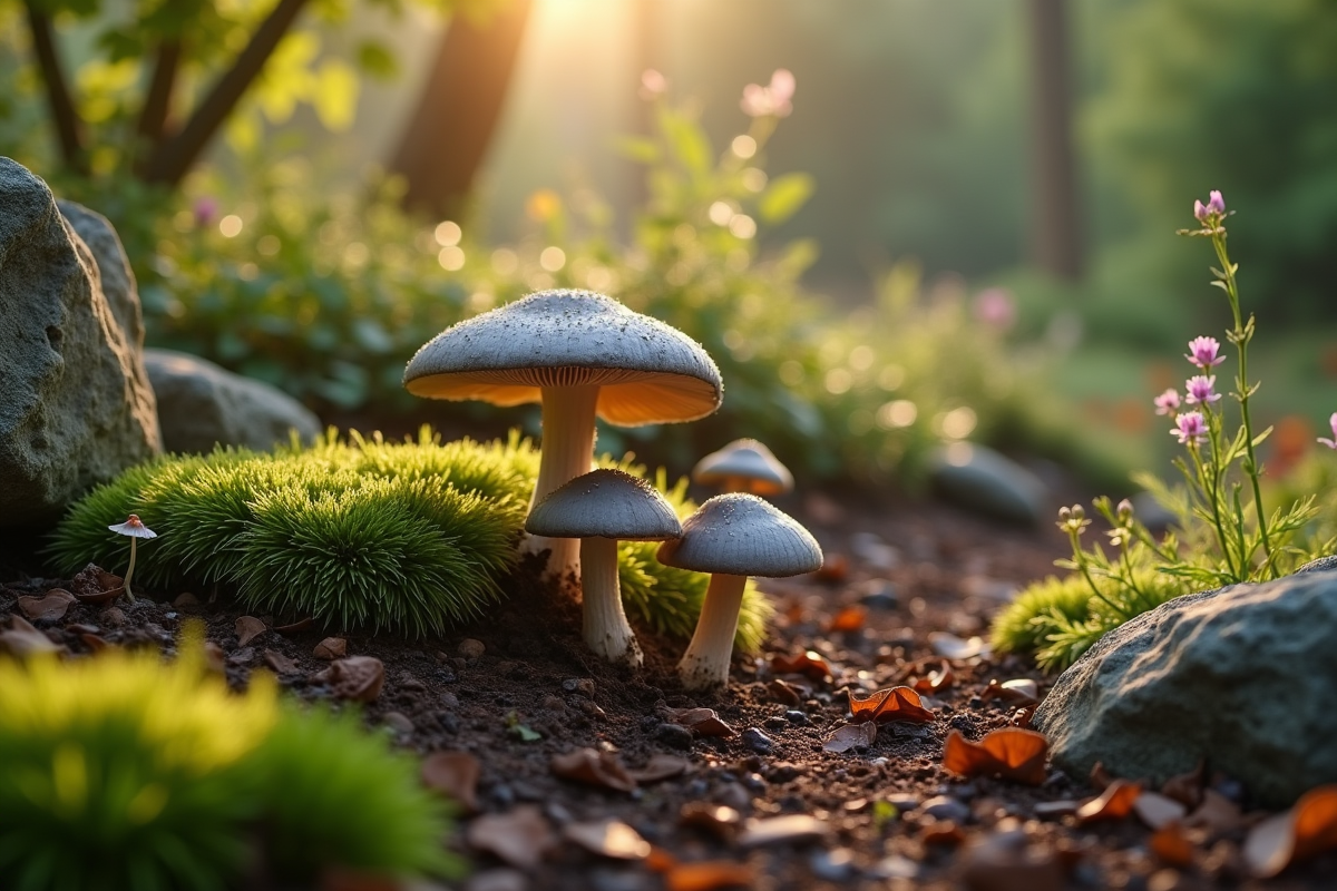 Champignons chanterelles dans un jardin au matin