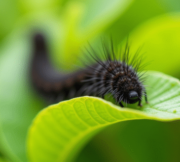 Gros plan de chenilles noires sur feuilles vertes dans un jardin