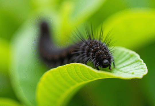 Gros plan de chenilles noires sur feuilles vertes dans un jardin