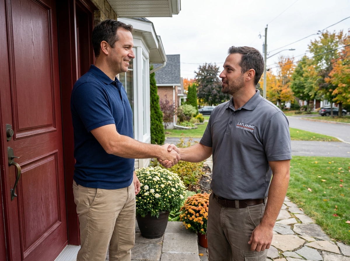 Client accueillant un prestataire de Centre Services Montmorency devant sa maison pour simplifier son quotidien