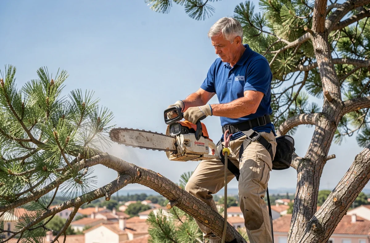 Technicien élagueur de C.NET Pasquier Thierry en action sur un pin en Gironde avec tronçonneuse professionnelle