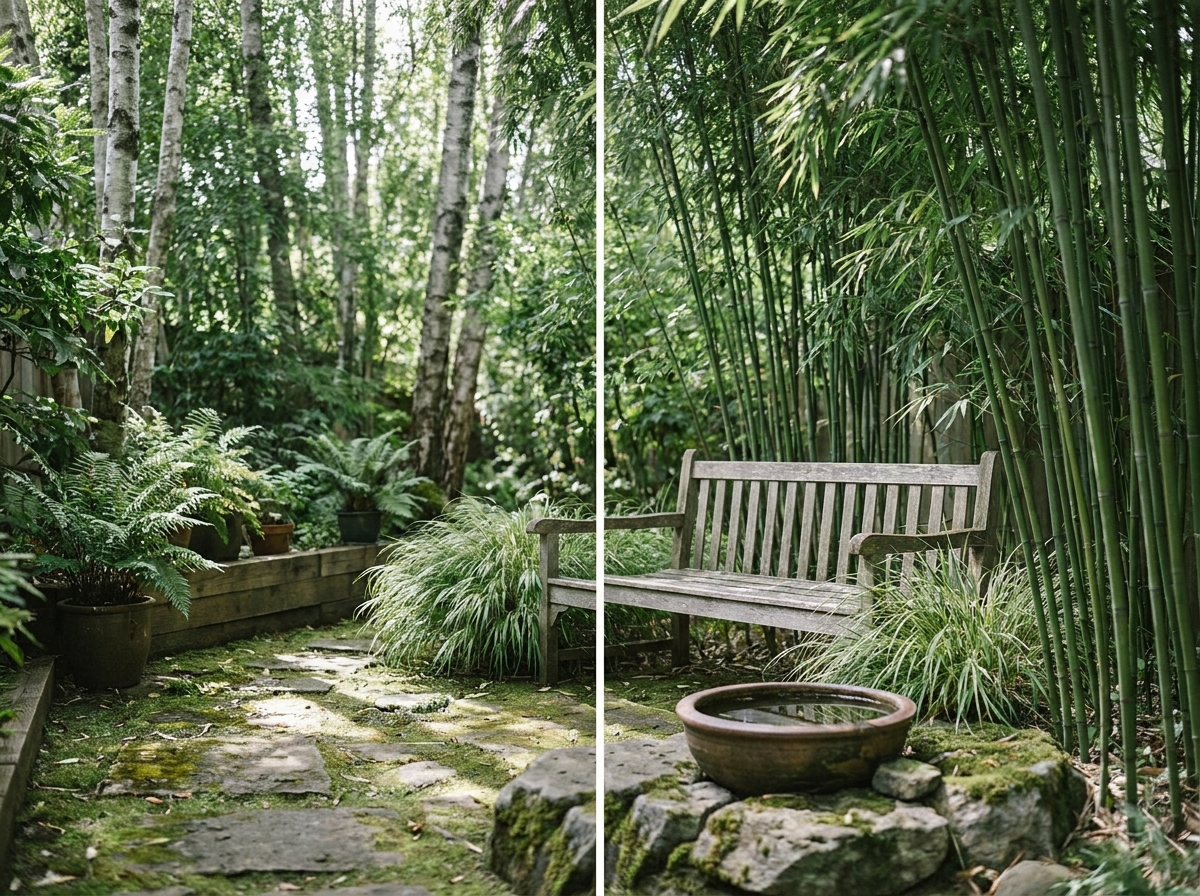 Coin de jardin ombragé avec banc en bois, bambous, graminées japonaises et vasque en céramique sur dalles de pierre naturelle