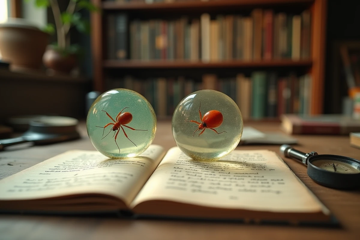 Table de travail naturaliste comparant des spécimens d'araignée rouge et d'insecte rouge sous loupe avec cahier de notes entomologiques
