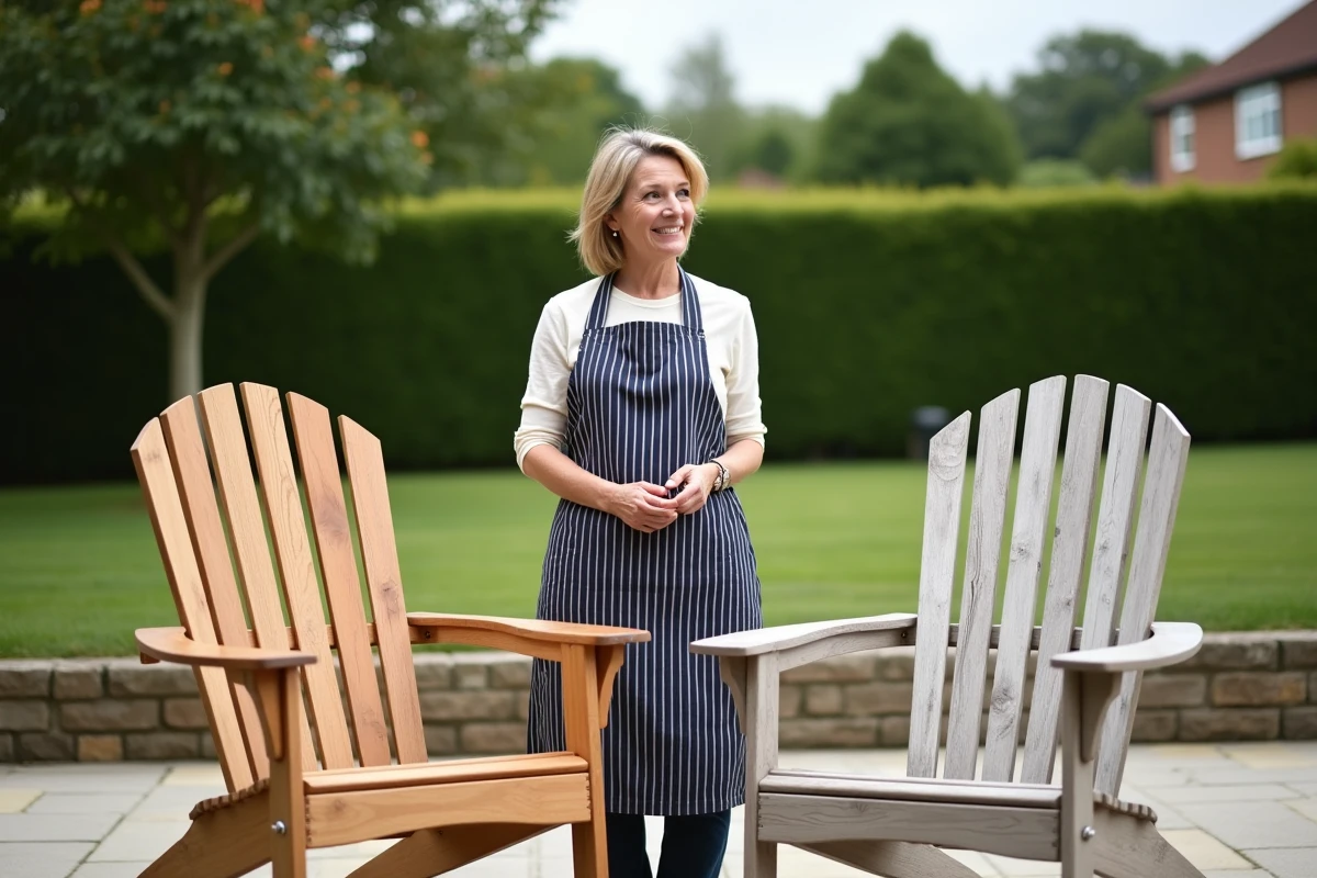Femme comparant deux fauteuils de jardin en teck, l'un huilé et l'autre non traité, sur une terrasse