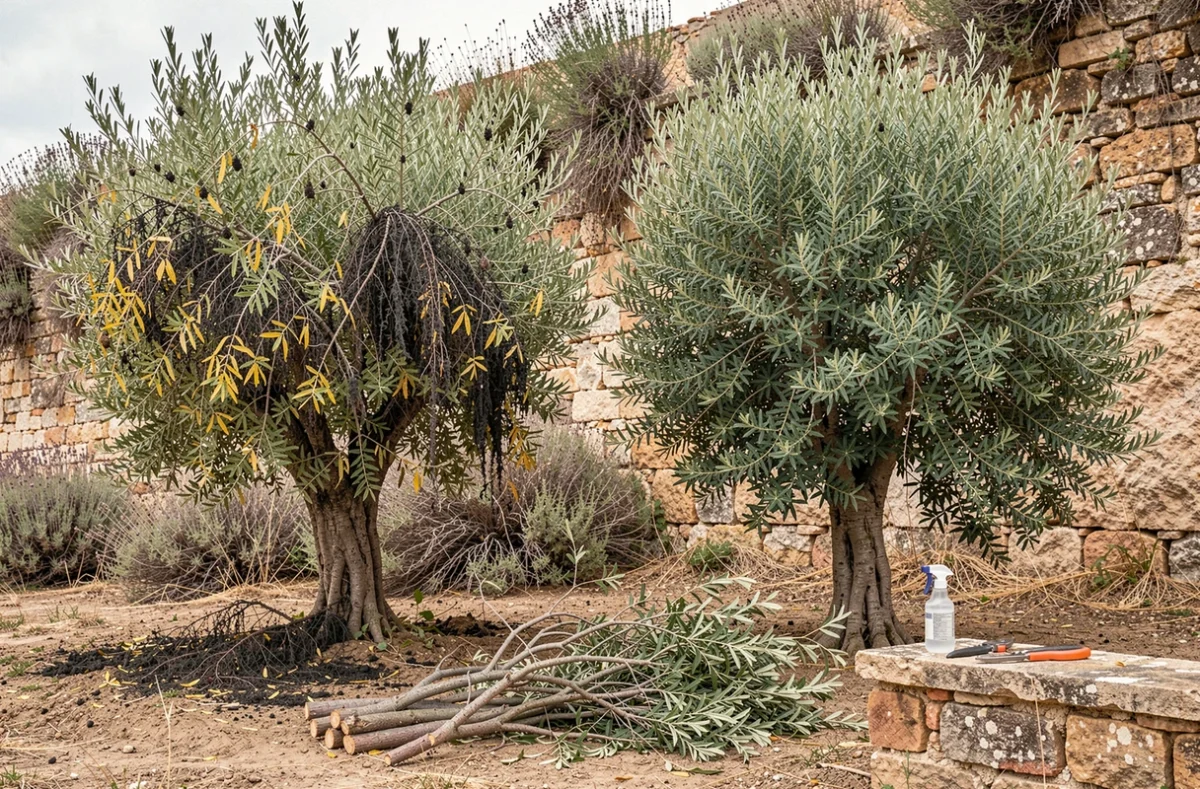 Comparaison entre un olivier sain et un olivier atteint de cochenilles dans un jardin provençal
