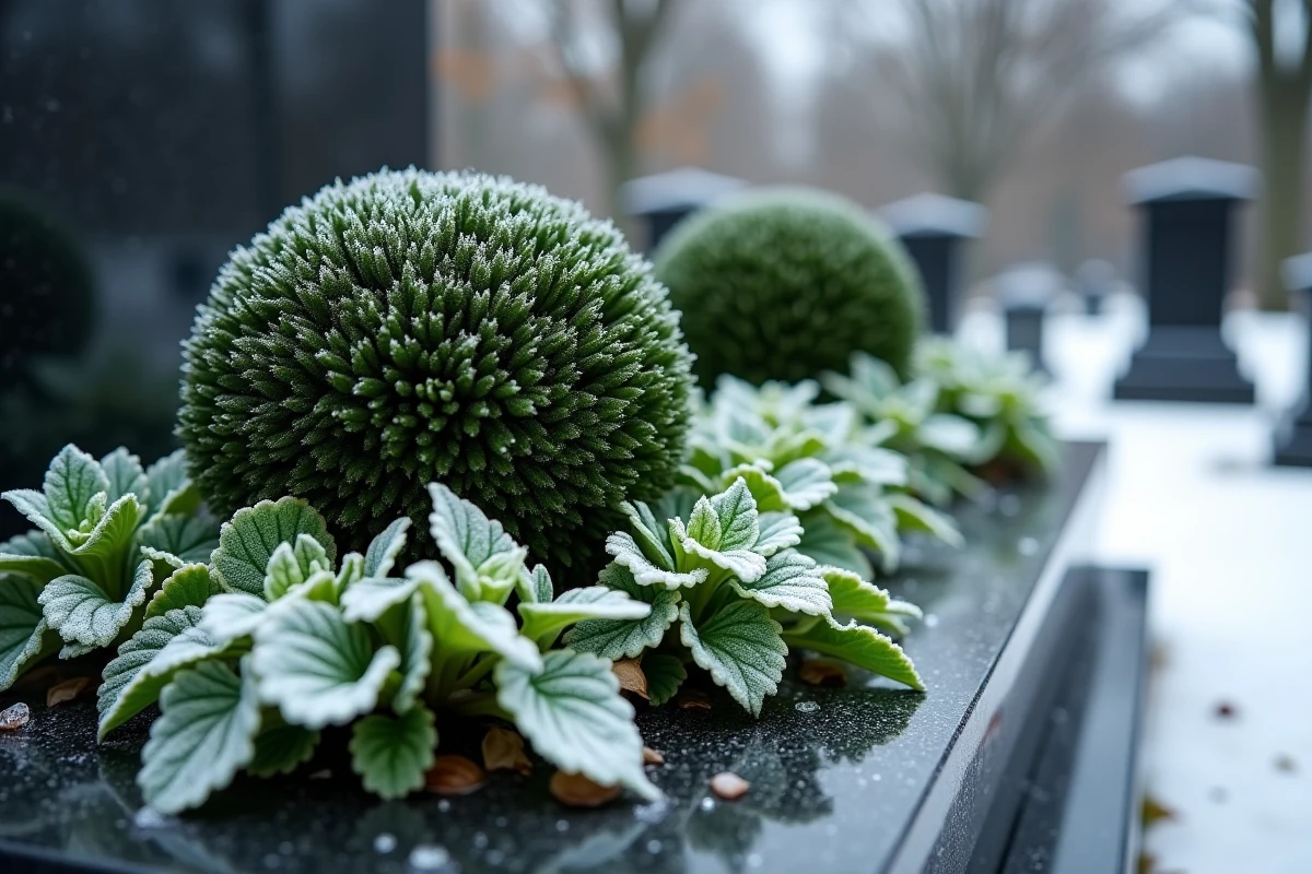 Composition de plantes résistantes au froid sur une tombe de cimetière en hiver avec givre
