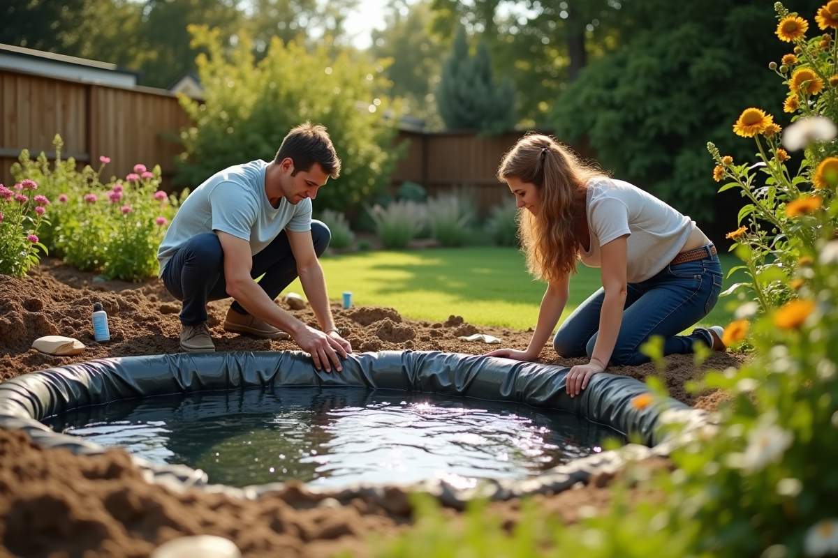 Deux personnes construisent un étang de jardin avec outils