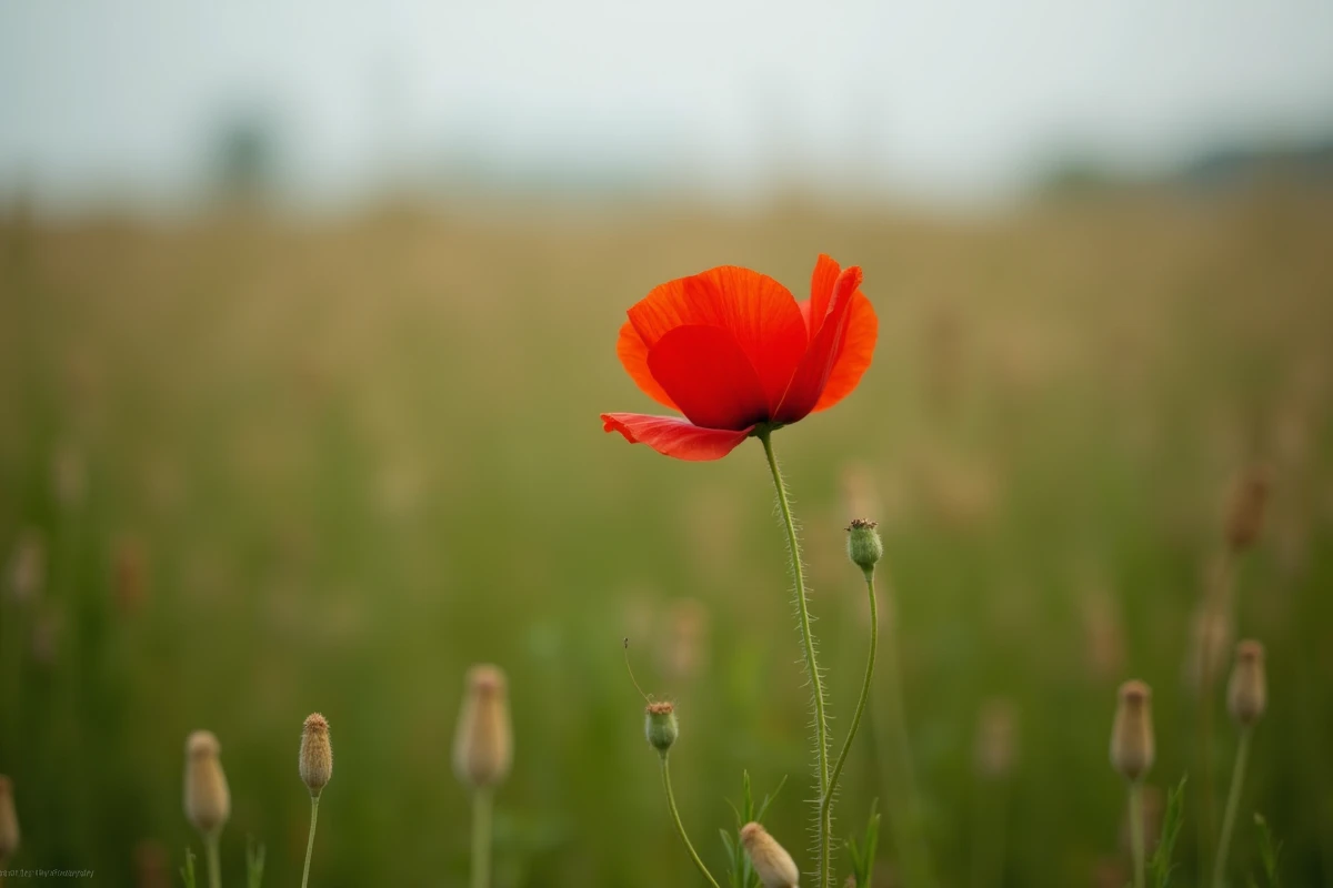 Un coquelicot rouge solitaire en fleur dans un champ de prairie verdoyante, symbole du souvenir et du Jour du Souvenir