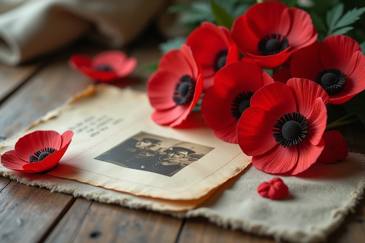 Coquelicots en papier rouge artisanaux posés sur une table en bois avec une vieille photographie et une lettre militaire, hommage aux soldats tombés