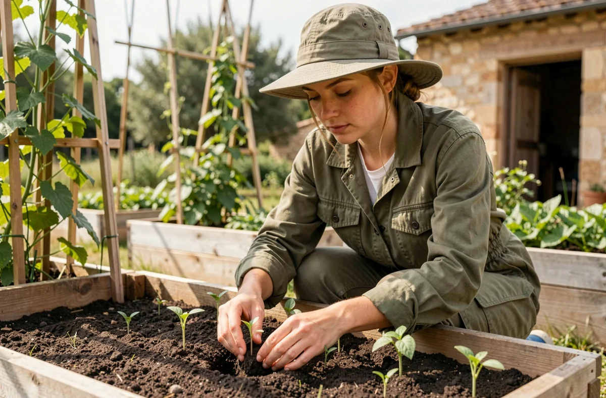 Jardinière de Coup De Pousse replantant des semis dans un potager surélevé dans le Vaucluse
