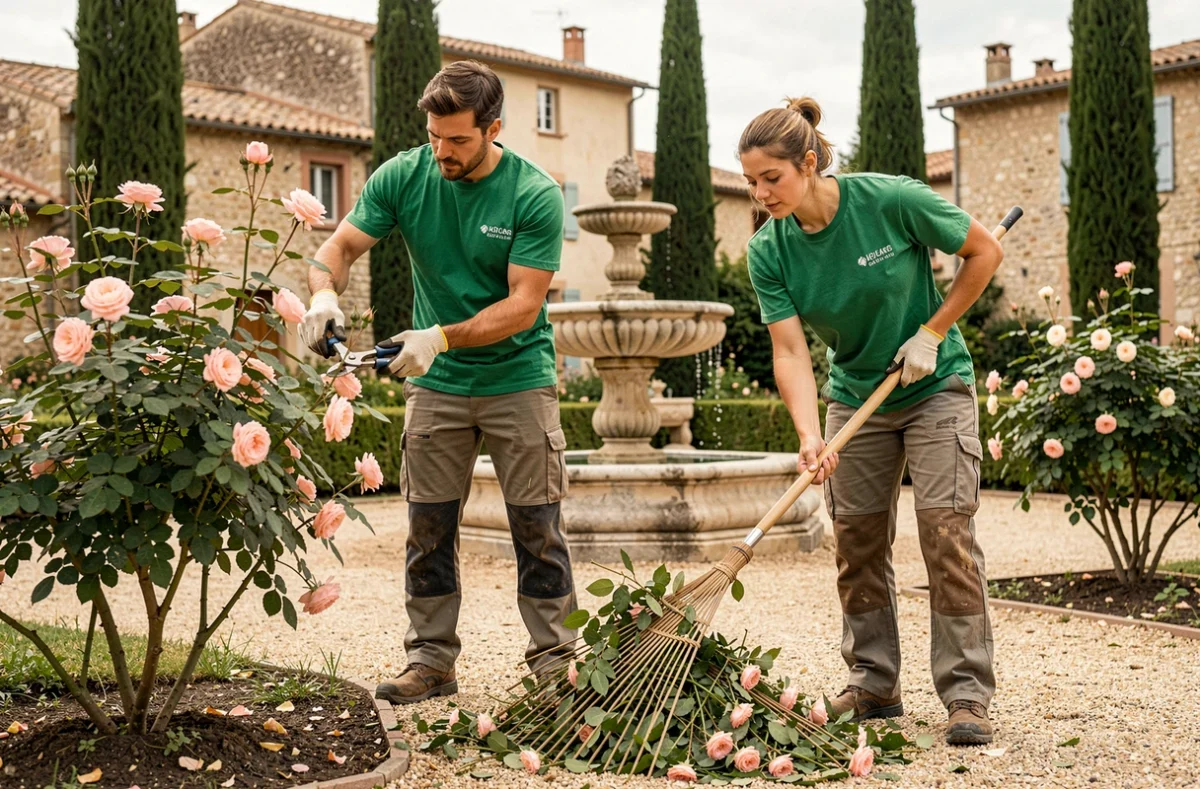 Duo de paysagistes de Coupas Jardin entretenant un jardin public provençal avec fontaine en pierre en PACA