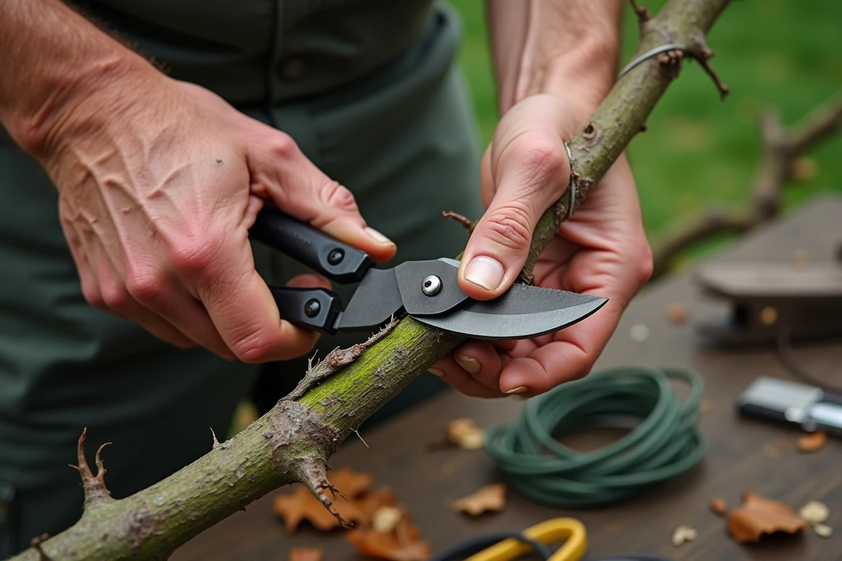 Gros plan sur des mains de jardinier effectuant une coupe en biseau sur un rosier trop grand avec un sécateur propre et aiguisé