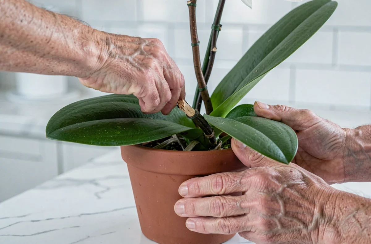 Gros plan de mains taillant une tige d'orchidée Phalaenopsis au-dessus d'un nœud sur un comptoir en marbre blanc dans une cuisine