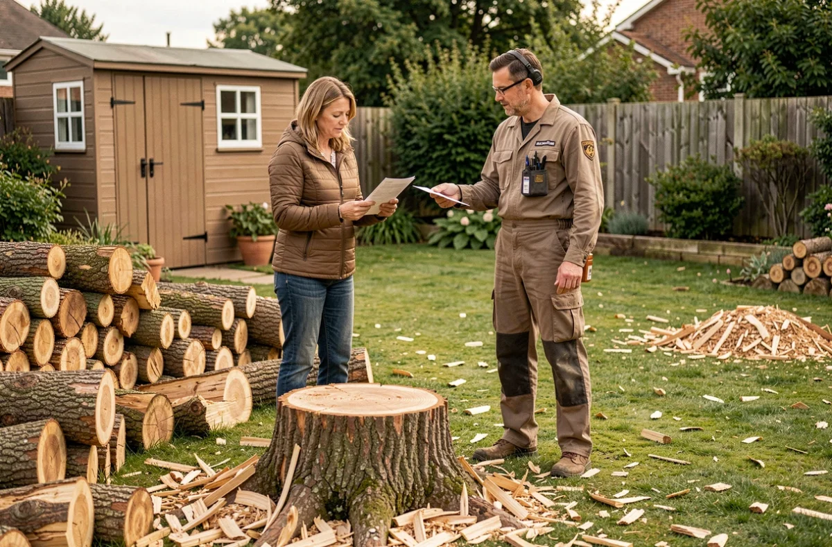 Propriétaire recevant la facture d'abattage d'arbre après intervention professionnelle dans son jardin