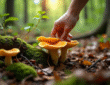 Main retirant des feuilles dans la forêt avec des chanterelles