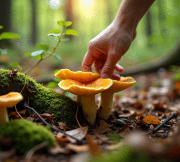 Main retirant des feuilles dans la forêt avec des chanterelles