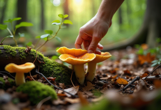 Main retirant des feuilles dans la forêt avec des chanterelles