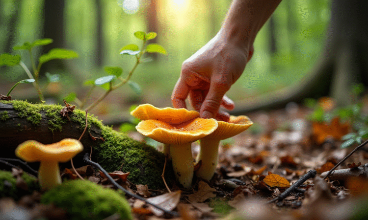 Main retirant des feuilles dans la forêt avec des chanterelles