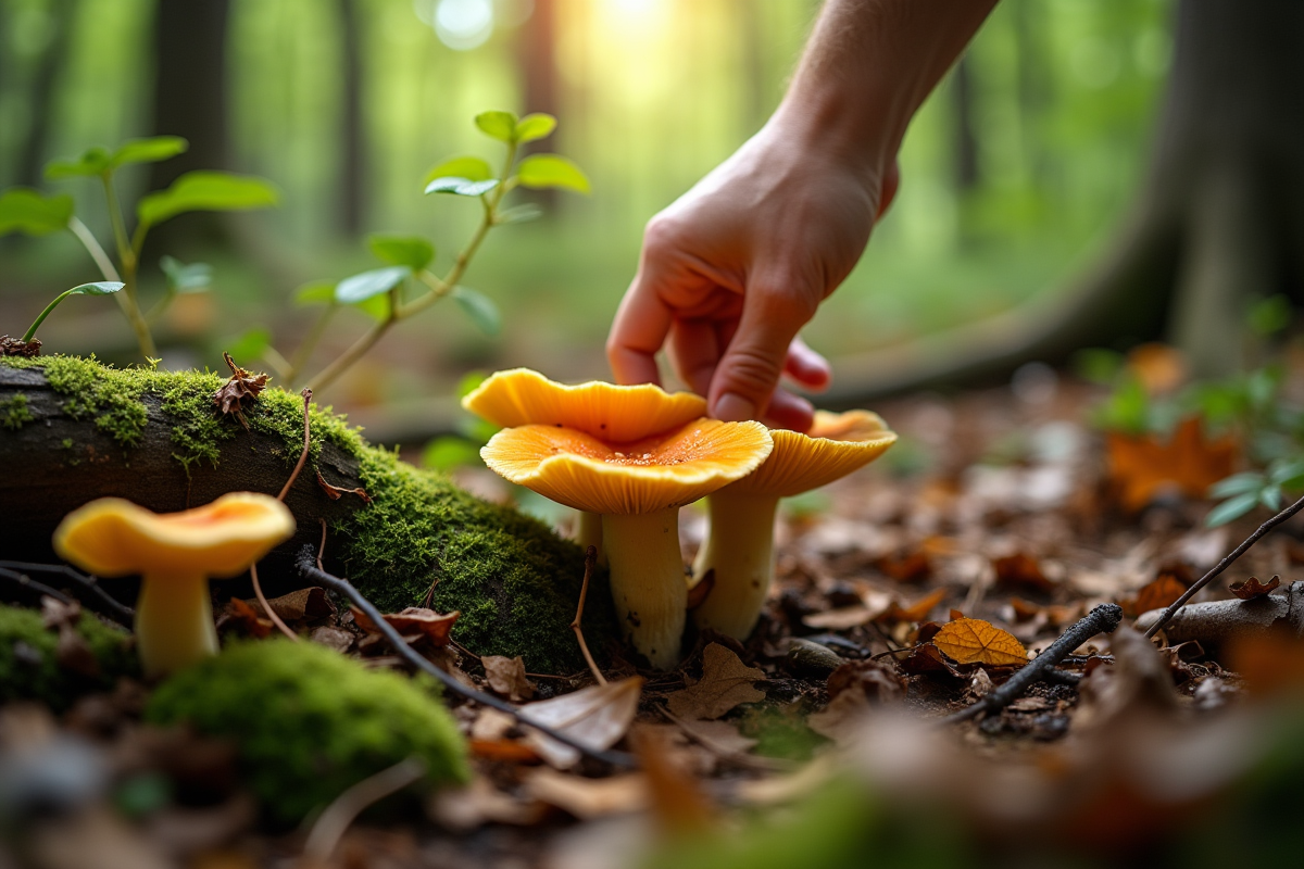Main retirant des feuilles dans la forêt avec des chanterelles