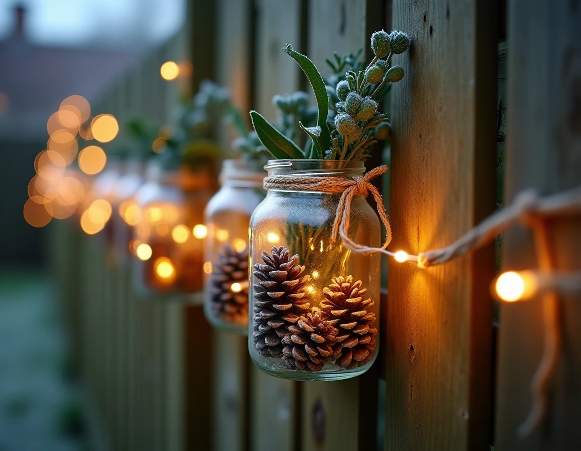 Décoration de Noël DIY sur une clôture en bois avec bocaux recyclés, lumières à piles et branchages naturels givrés