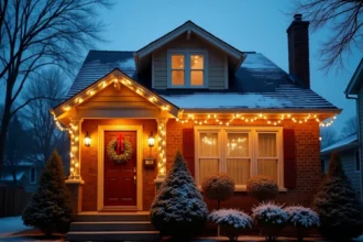 Maison de banlieue décorée pour Noël avec guirlandes LED blanches et couronne sur la porte d'entrée sous la neige