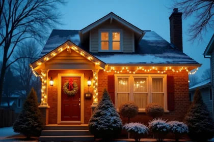 Maison de banlieue décorée pour Noël avec guirlandes LED blanches et couronne sur la porte d'entrée sous la neige