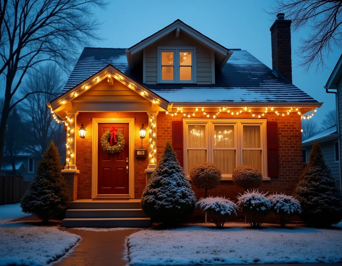 Maison de banlieue décorée pour Noël avec guirlandes LED blanches et couronne sur la porte d'entrée sous la neige