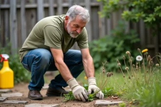 Homme examinant des mauvaises herbes persistantes entre des dalles de jardin malgré l'application d'un désherbant