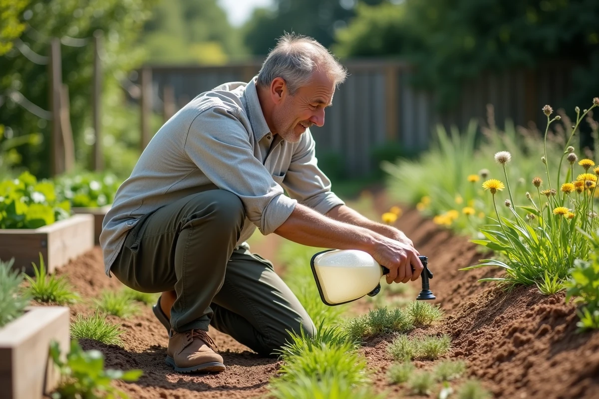 Homme en train de désherber des mauvaises herbes avec du vinaigre dans un potager