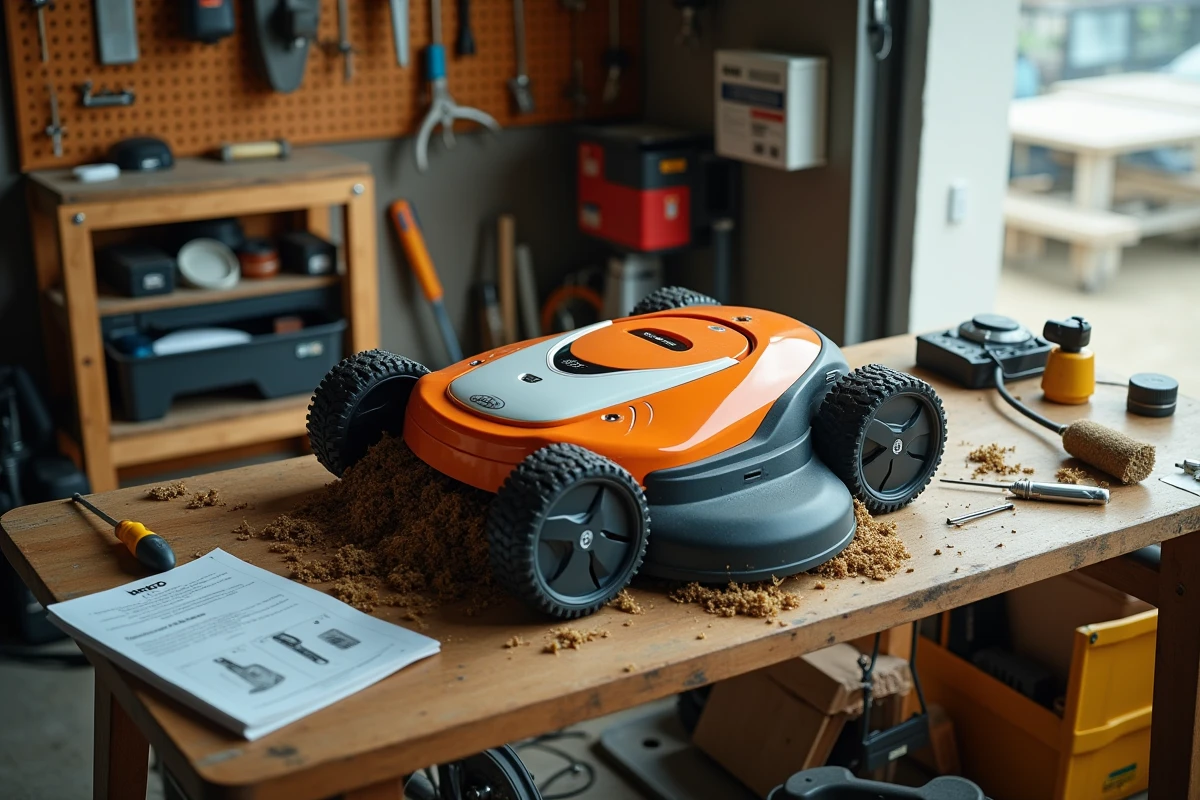 Dessous du robot tondeuse Kress retourné sur un établi de garage avec des débris de gazon et des outils de maintenance