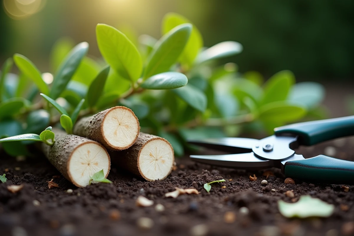 Gros plan sur des branches de laurier fraîchement taillées et un sécateur posé sur le sol du jardin
