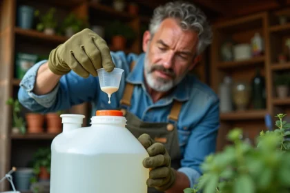Jardinier dosant du Roundup dans une tasse graduée pour un pulvérisateur de 5 litres au potager