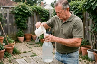Homme dosant du Roundup dans une tasse graduée pour préparer un litre de solution herbicide dans son jardin