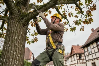 Arboriste professionnel réalisant un élagage en hauteur sur un chêne mature dans un jardin résidentiel à Colmar