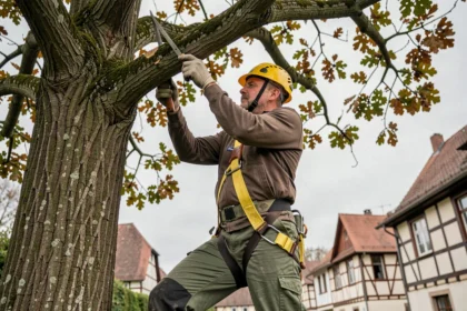 Arboriste professionnel réalisant un élagage en hauteur sur un chêne mature dans un jardin résidentiel à Colmar