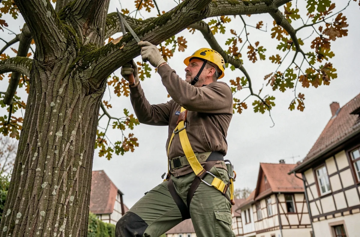 Arboriste professionnel réalisant un élagage en hauteur sur un chêne mature dans un jardin résidentiel à Colmar