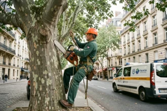 Élagueur professionnel en sécurité dans un platane sur une avenue urbaine lors d'une opération d'élagage du domaine public
