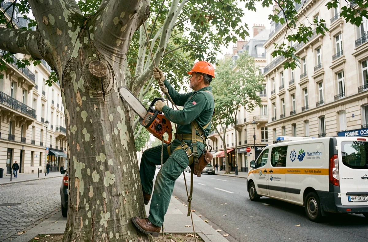 Élagueur professionnel en sécurité dans un platane sur une avenue urbaine lors d'une opération d'élagage du domaine public
