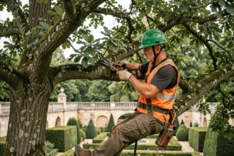 Élagueur professionnel en hauteur dans un arbre à Versailles, portant un équipement de sécurité complet lors d'un élagage