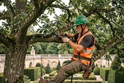 Élagueur professionnel en hauteur dans un arbre à Versailles, portant un équipement de sécurité complet lors d'un élagage