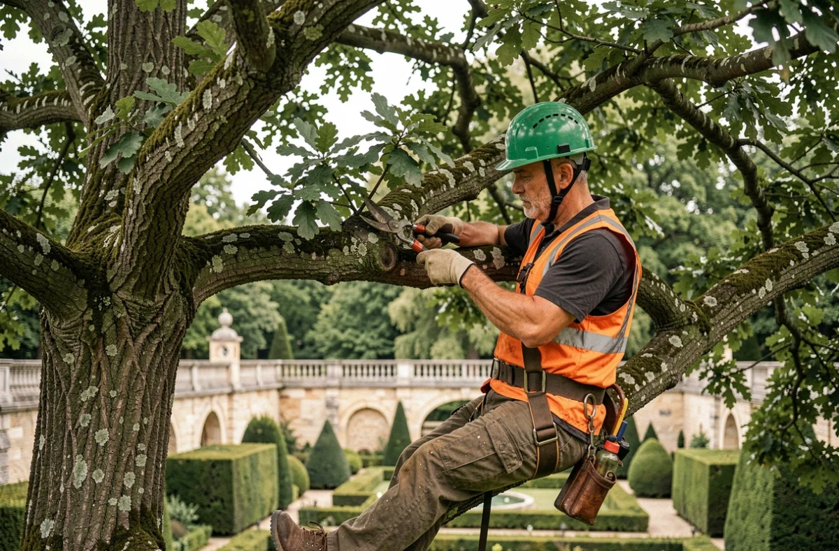 Élagueur professionnel en hauteur dans un arbre à Versailles, portant un équipement de sécurité complet lors d'un élagage