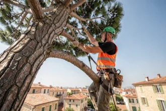Élagueur professionnel en sécurité dans un pin méditerranéen avec vue sur les toits de Marseille